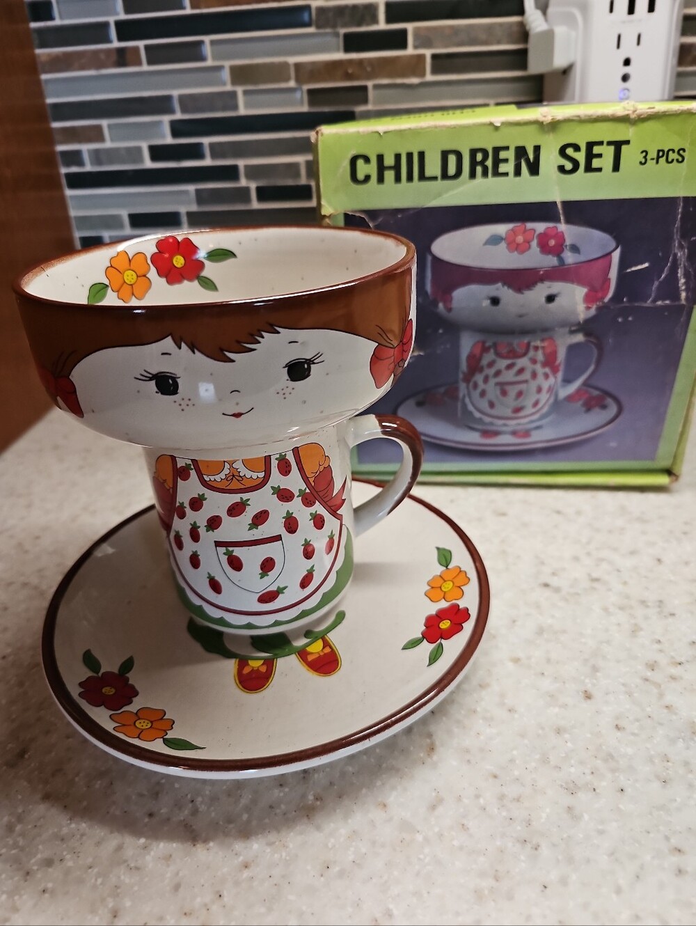 Vintage Interpur 3 Piece Stackable Children's Dish Set Girl Mug Plate Bowl Korea